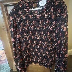 J.O.A. Black Smocked Floral Long-Sleeve Blouse